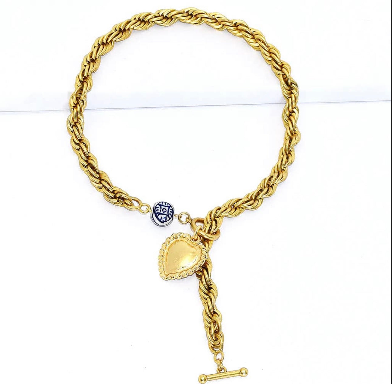Twisted Rope Y Link Necklace with heart pendant and blue pearl accent