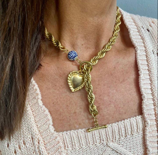 Twisted Rope Y Link Necklace with heart pendant and blue pearl accent